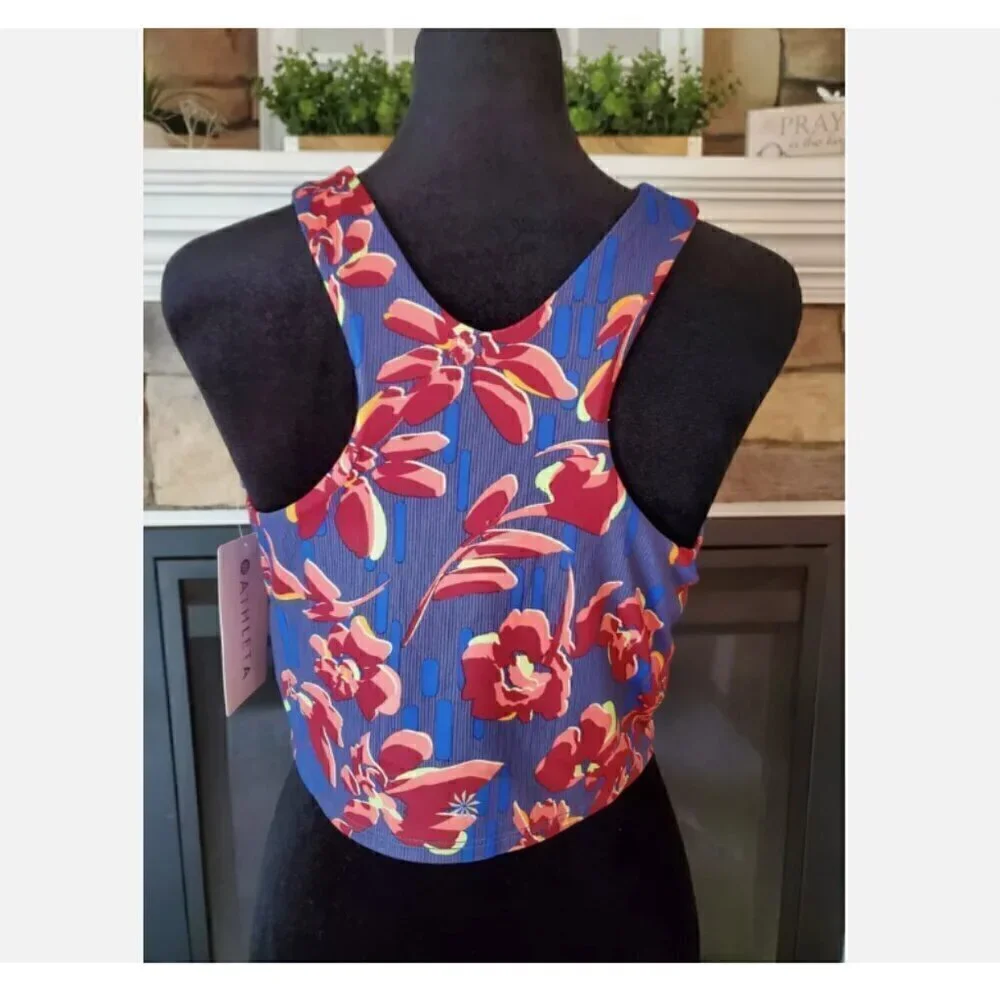 ATHLETA Conscious Crop YOGA Top Bra Bralette Blue Floral Print BUTTERY SOFT $64